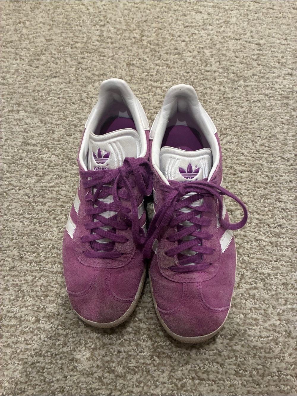 adidas Women's Purple Suede Sneakers with White Stripes gazelle